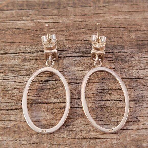 Sterling Silver CZ Post Oval Hoop Drop Earrings - Picture 6 of 6